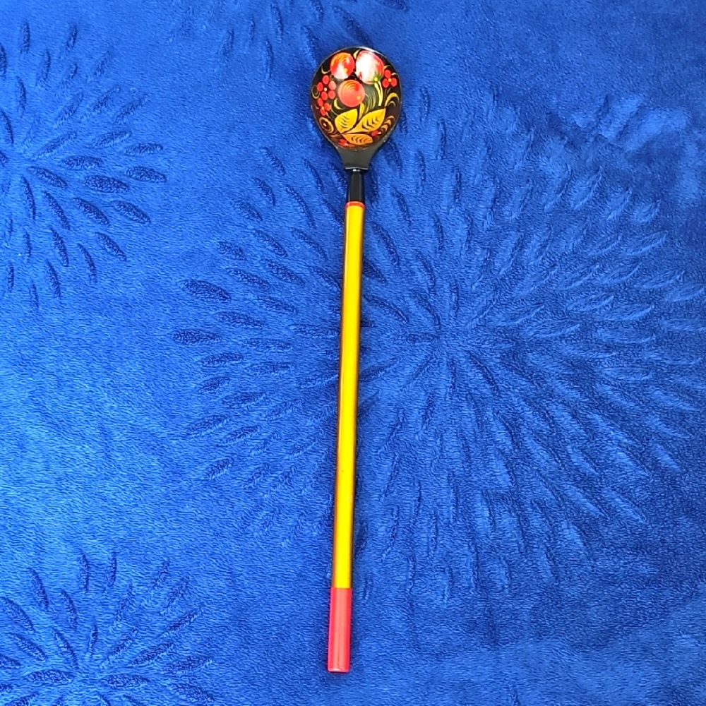 Vintage Russian lacquer Spoon. Floral Design Spoon with Long Handle